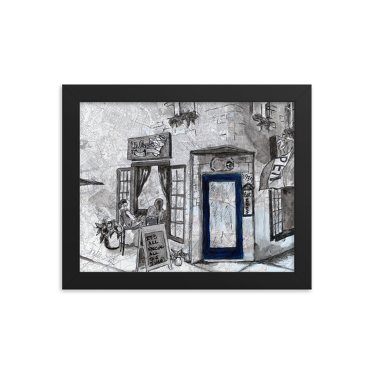 Picture of a 8x10 fine art print of Baltimore's Ale Mary's bar painted in watercolor on a map of the city, framed in a black wood frame