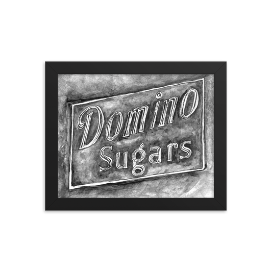 Picture of a 8x10 fine art print of a watercolor painting of the Domino Sugars sign painted on a map of Baltimore, framed in a black frame