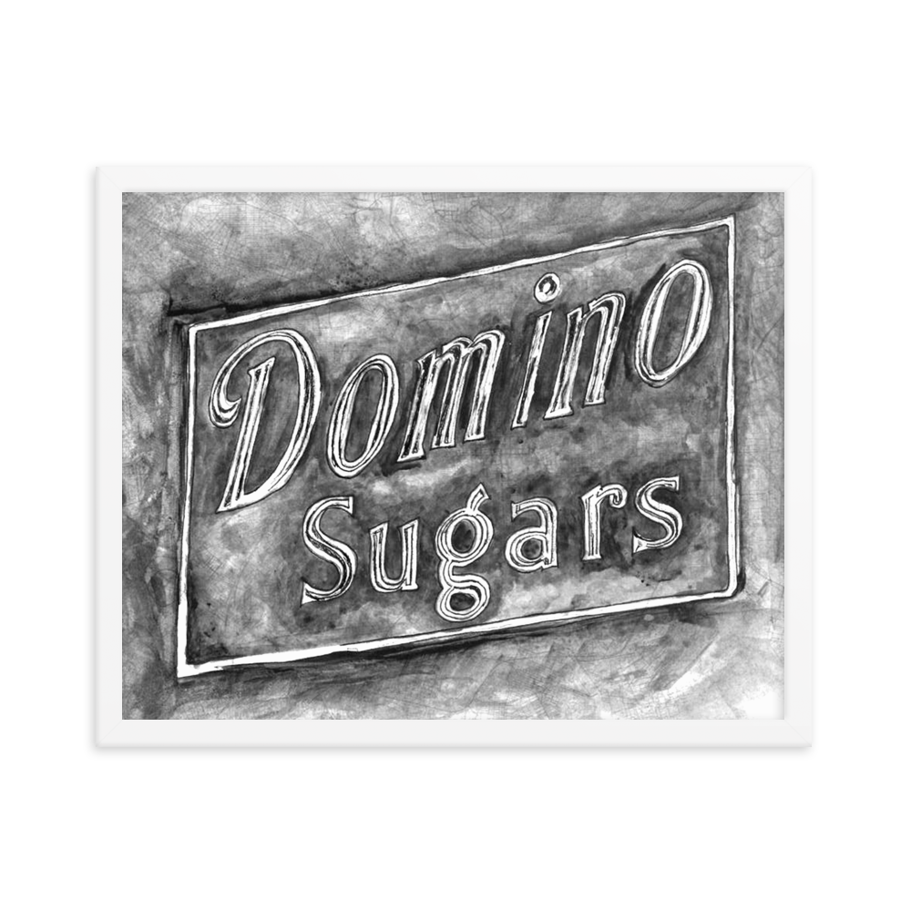 Picture of a 16x20 fine art print of a watercolor painting of the Domino Sugars sign painted on a map of Baltimore, framed in a white frame