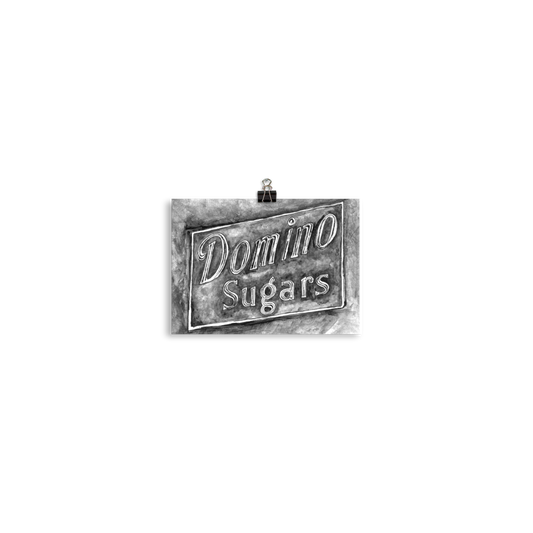 Picture of a 5x7 fine art print of a watercolor painting of the Domino Sugars sign painted on a map of Baltimore