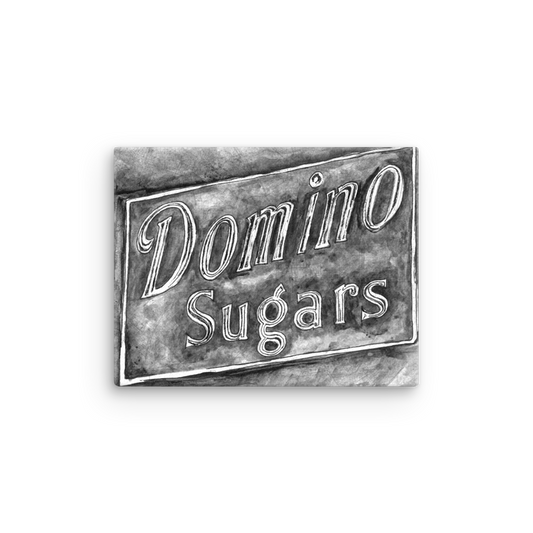 Picture of a 11x14 canvas print of a watercolor of the Domino Sugars sign painted on a map of Baltimore