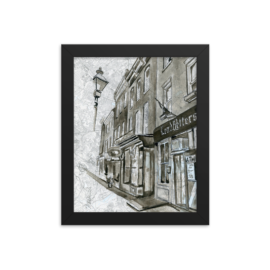 a picture of a 8x10 fine art print of a watercolor painting of Baltimore's Leadbetters on a map of the city, framed in a black frame