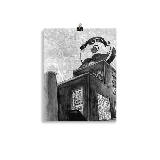 A picture of a 11x14 fine art print of a watercolor painting of Baltimore's Natty Boh Tower on a map of the city
