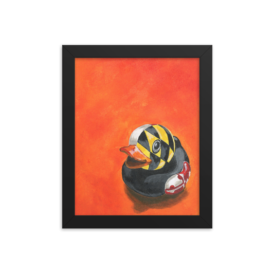 8x10 Fine art print of a painting of a rubber duck with the Maryland flag overlay in front of an orange background, framed in black