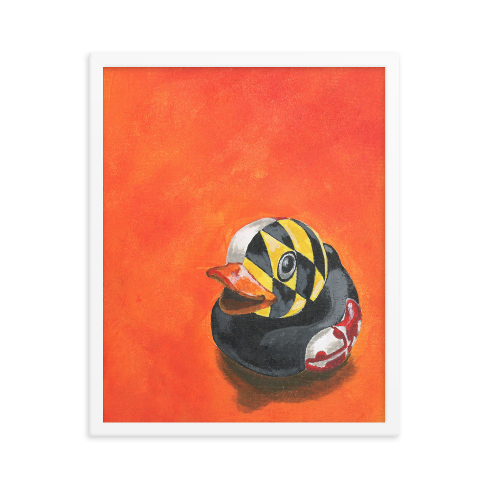 16x20 Fine art print of a painting of a rubber duck with the Maryland flag overlay in front of an orange background, framed in white