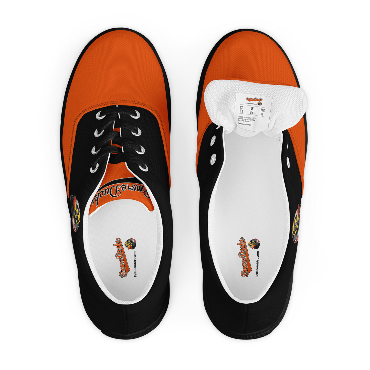 Top View of Baltimore Baseball Team Black and Orange Mens Shoes with Maryland Flag Rubber Duck