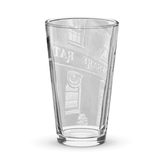 Picture of the back of a pint glass with a printed image of a watercolor painting of Baltimore's Wharf Rat on a map of the city