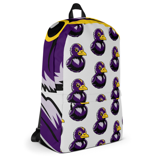 side of minimalist backpack with BMORE DUCKS! black and purple football fan logo pattern over gray background