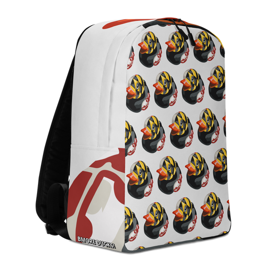 front view of minimalist backpack with all over pattern print of Maryland BMORE DUCKS! logo