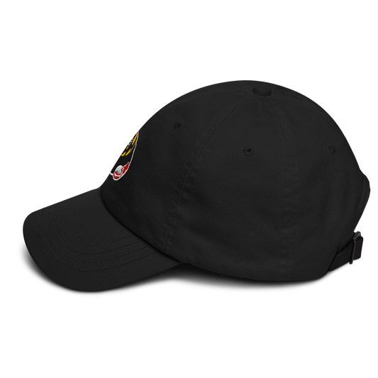 Left side view of Black Dad hat with embroidered logo of a Maryland Flag rubber duck by BMORE DUCKS!