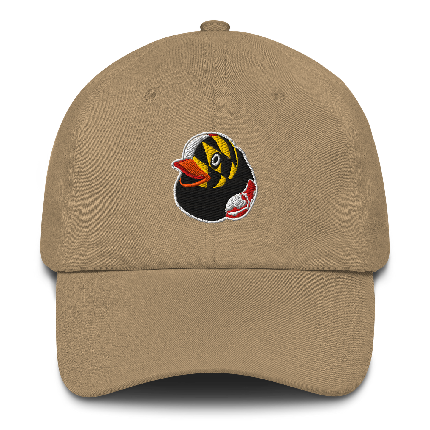 Khaki Dad hat with embroidered logo of a Maryland Flag rubber duck by BMORE DUCKS!