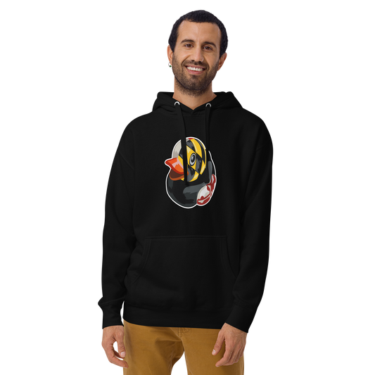 man wearing black pullover hoodie with large logo of a Maryland Flag rubber duck with white outline by BMORE DUCKS!