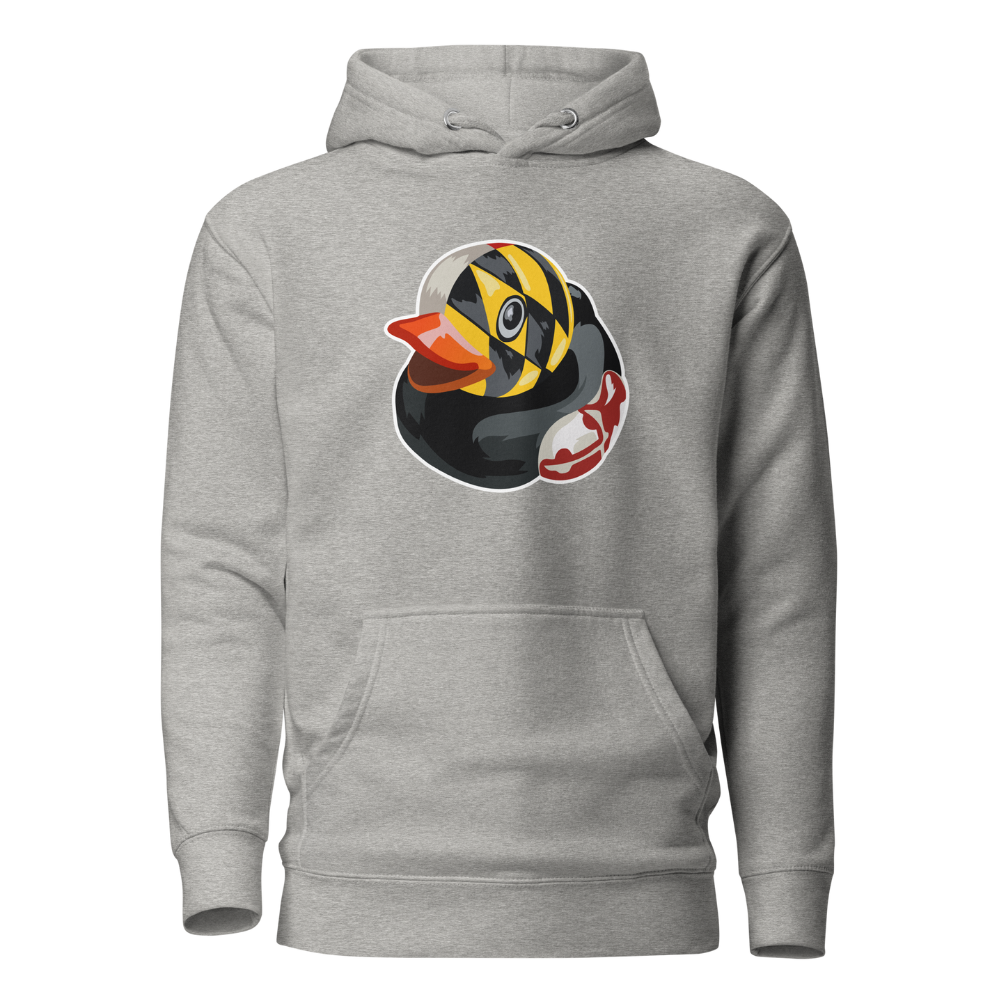 Athletic Gray pullover hoodie with large logo of a Maryland Flag rubber duck with white outline by BMORE DUCKS!
