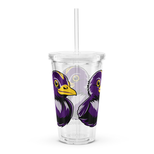 rear view clear plastic tumbler with straw decorated with Football Fan BMORE DUCKS! logo