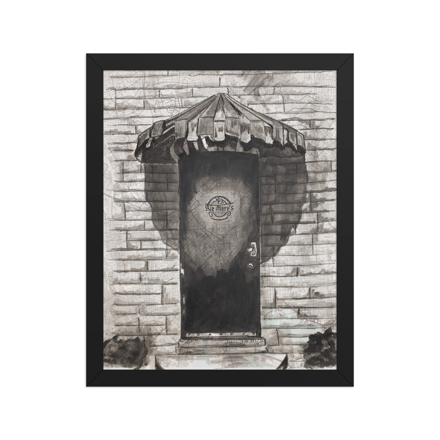 Picture of a 11x14 print of Ale Mary's Side door painted on a vintage map of Baltimore and framed in simple black frame