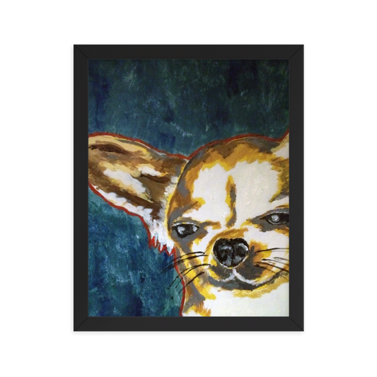 11x14 Framed print of a Chihuahua with blue green background. Framed in black