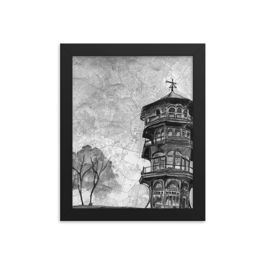 8x10 print of a painting of the Patterson Park Pagoda on a map of Baltimore. Framed in black