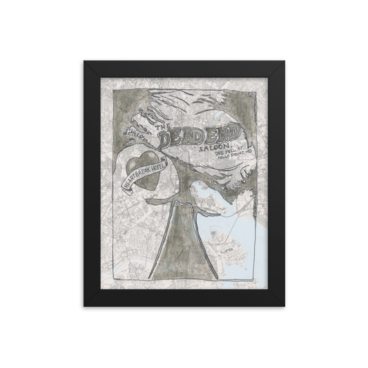 8x10 Framed print of the Dead End Saloon painted on a map of Baltimore. Framed in black