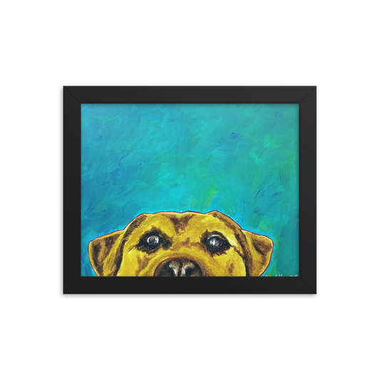 8x10 Framed print of a yellow lab with blue green background. Framed in black