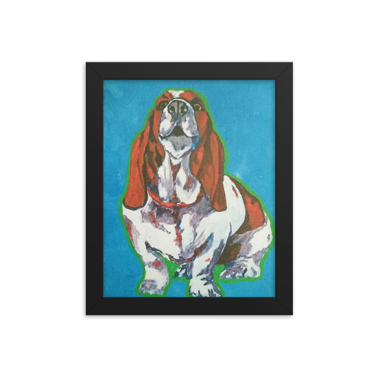8x10 Framed print of a Basset Hound in front of a blue background. Framed in black