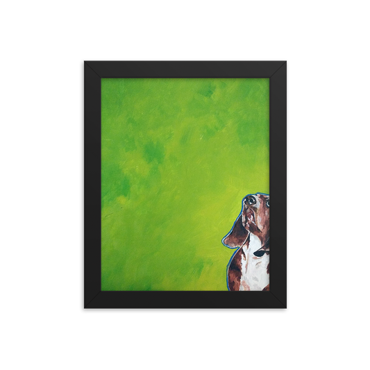 8x10 Framed print of a Basset hound painting with green background. Framed in black