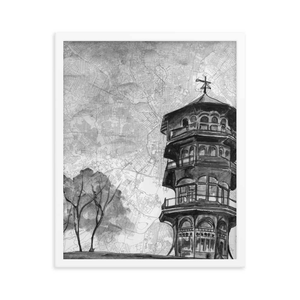 16x20 print of a painting of the Patterson Park Pagoda on a map of Baltimore. Framed in white