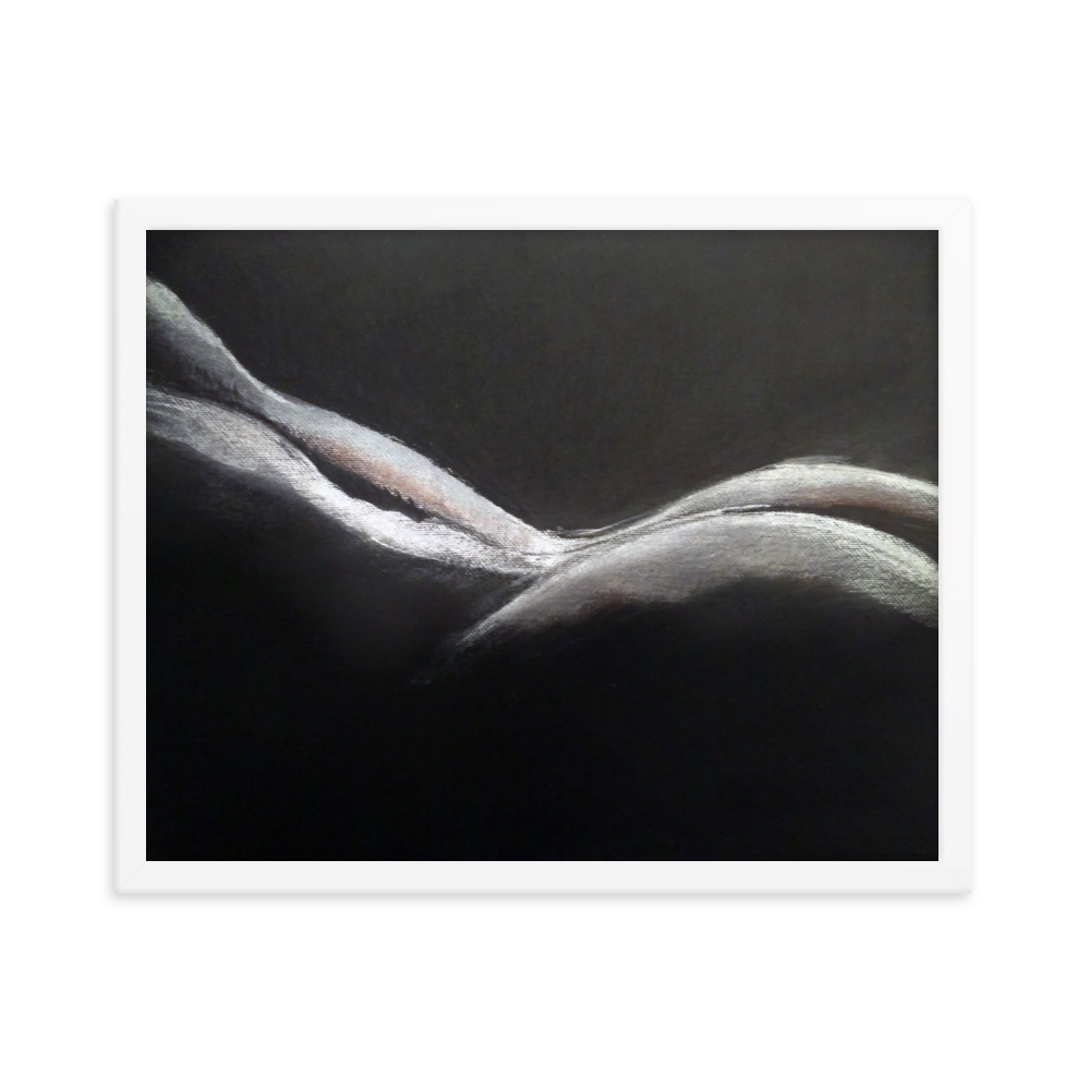 16x20 Framed print of a painting of a womans lower back and buttocks. Framed in white