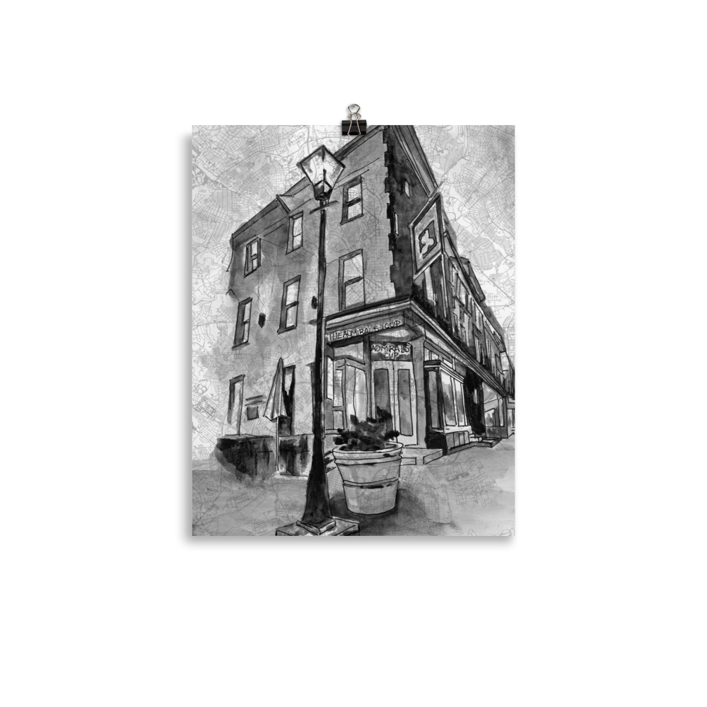 A 11: x 14" fine art print of original watercolor and Pen and Ink painting of Baltimore's "The Admiral's Cup" bar painted on a map