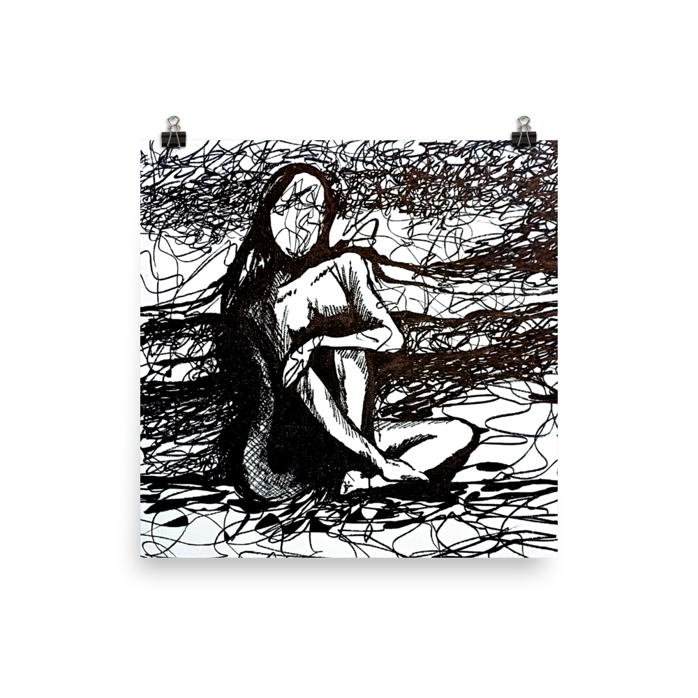 16x16 print of a drawing of an expressive nude figurative woman with her arm over her knee