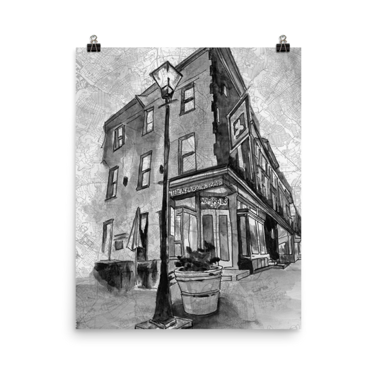 A 16" x 20" fine art print of original watercolor and Pen and Ink painting of Baltimore's "The Admiral's Cup" bar painted on a map