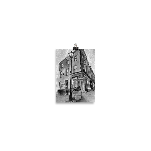 A 5" x 7" fine art print of original watercolor and Pen and Ink painting of Baltimore's "The Admiral's Cup" bar painted on a map