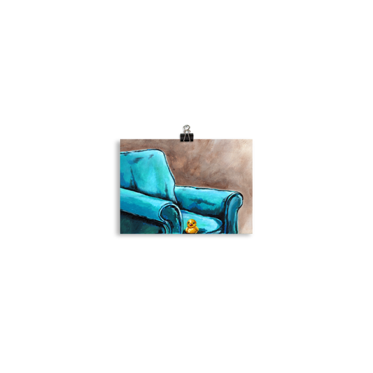 5x7 print of a painting of a rubber duck sitting in a blue arm chair.