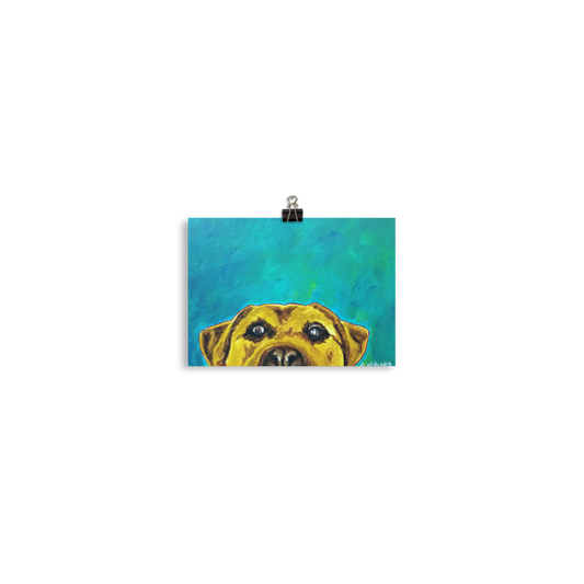5x7 print of a yellow lab with blue green background