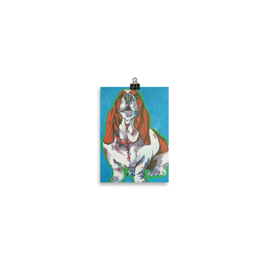 5x7 print of a Basset Hound in front of a blue background