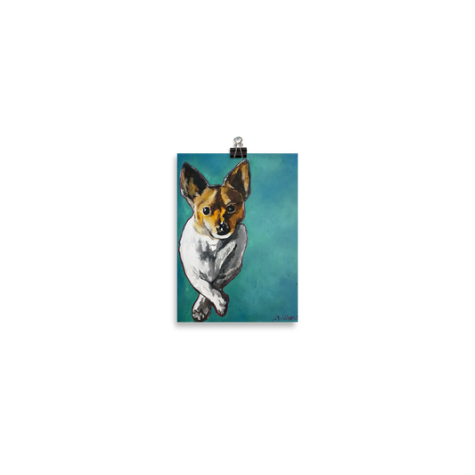 5x7 print of a Jack Russell Terrier painting with teal background