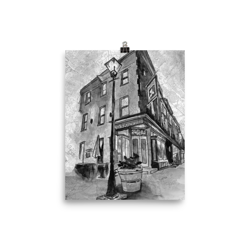 A 8" x 10" fine art print of original watercolor and Pen and Ink painting of Baltimore's "The Admiral's Cup" bar painted on a map