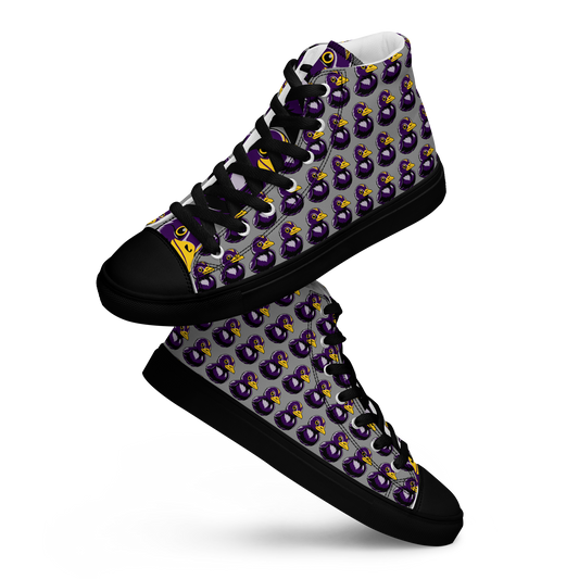 angled side view of pair of mens BMORE DUCKS! football fan high top canvas shoes with black sole