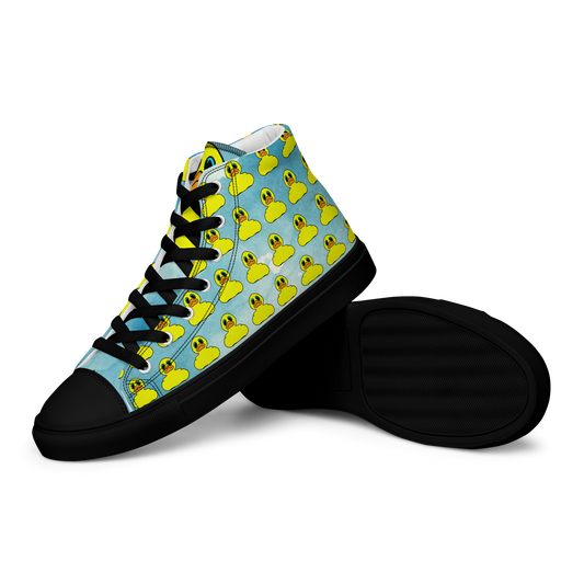 front angled side view of men's high top canvas shoes featuring classic BMORE DUCKS! yellow rubber duck logo patterned over clouds with black sole