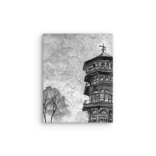 11x14 canvas print of a painting of the Patterson Park Pagoda on a map of Baltimore