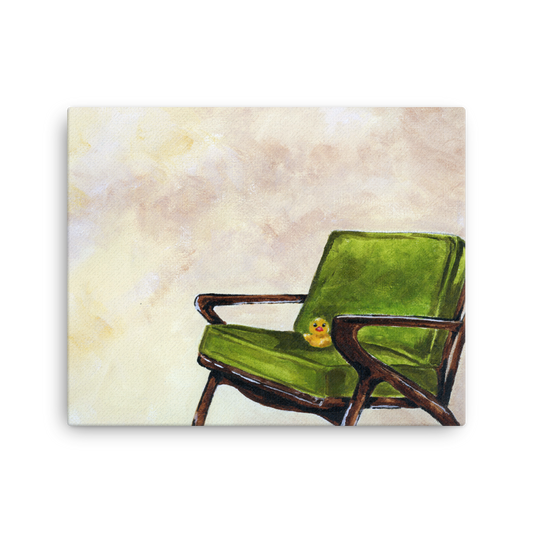 16x20 Canvas print of a rubber duck sitting in a green mid century arm chair