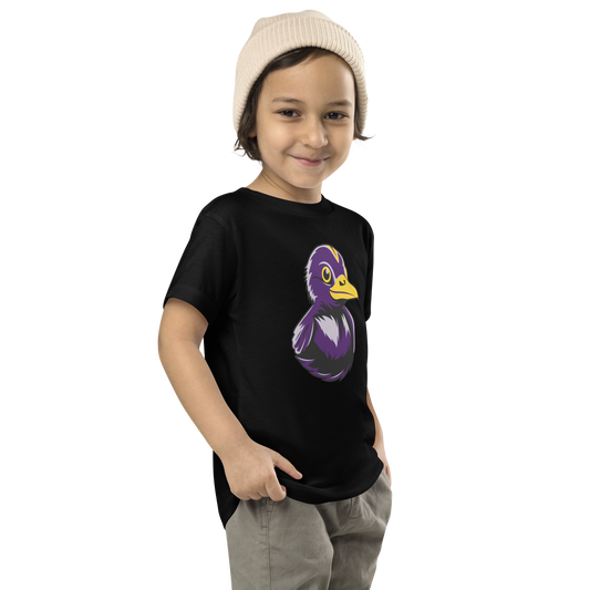 toddler wearing black t shirt with large BMORE DUCKS! Football Fan logo on chest