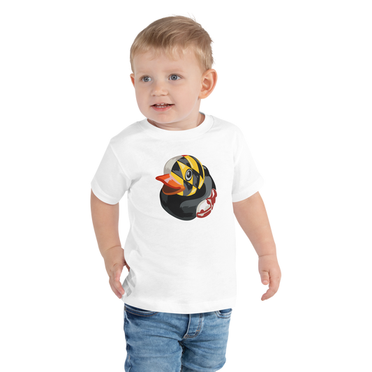 toddler wearing white t shirt with large Maryland BMORE DUCKS! logo on chest