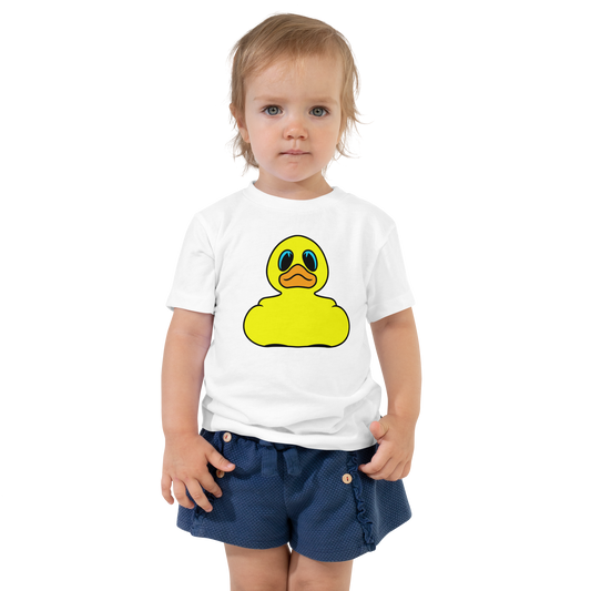toddler wearing white t shirt with large Classic BMORE DUCKS!yellow rubber duck  logo on chest