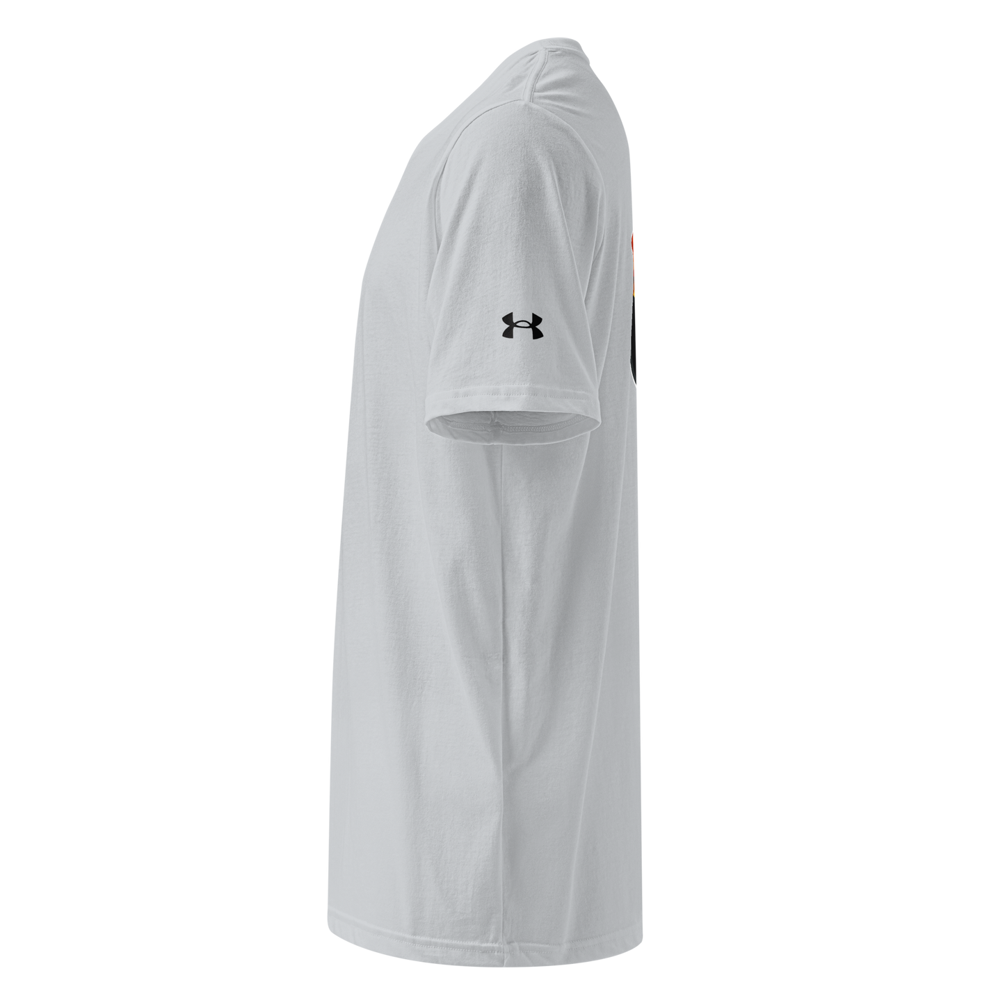 Grey t-shirt with a black logo on a white background