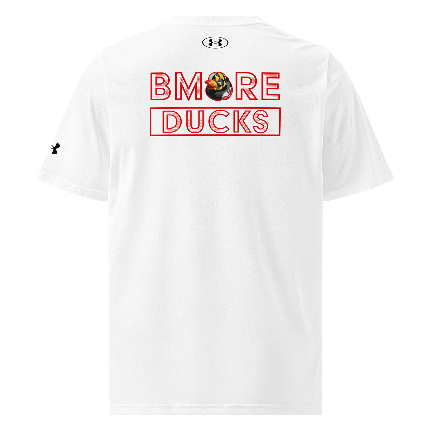 White t-shirt with 'BMORE DUCKS' text and Under Armour logo on a white background