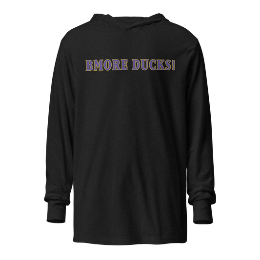 front view of charcoal black BMORE DUCKS! football fan logo long sleeve hooded t-shirt