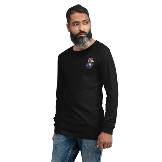 man with beard modeling a black long sleeve tee shirt with a black and purple rubber duck logo on left chest