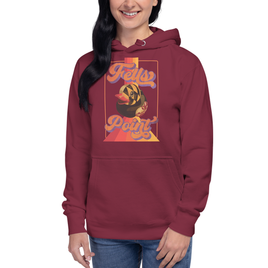 woman wearing a maroon pullover hoodie with fells point maryland rubber duck vintage design on chest