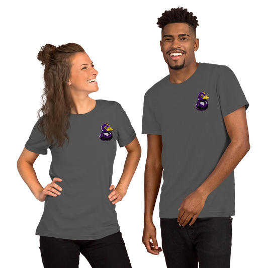 Woman and man wearing Football Fan BMORE DUCKS! logo on gray t-shirts