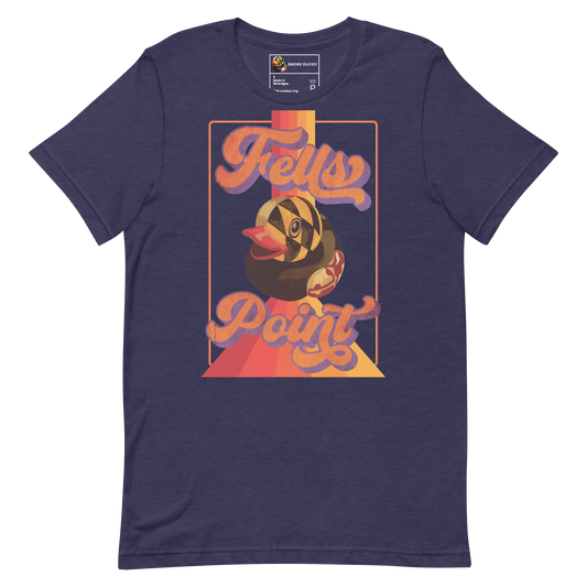 heather navy blue colored t-shirt with a vintage design that says "Fells Point" and features a Maryland Flag rubber duck